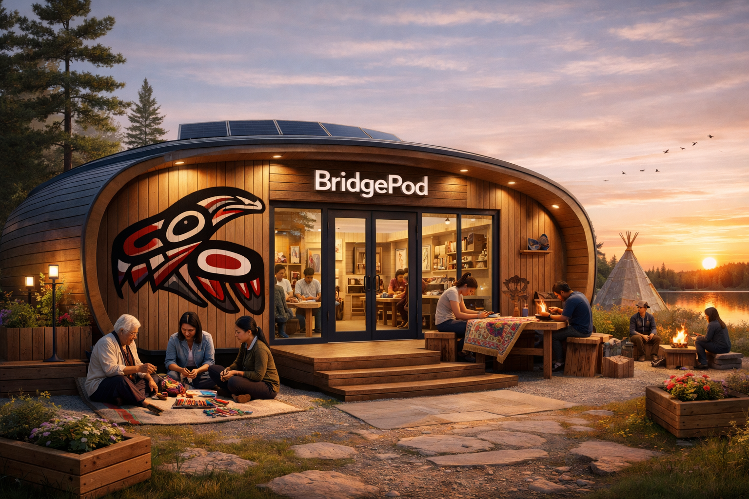 BridgePod exterior at sunset with community members gathering