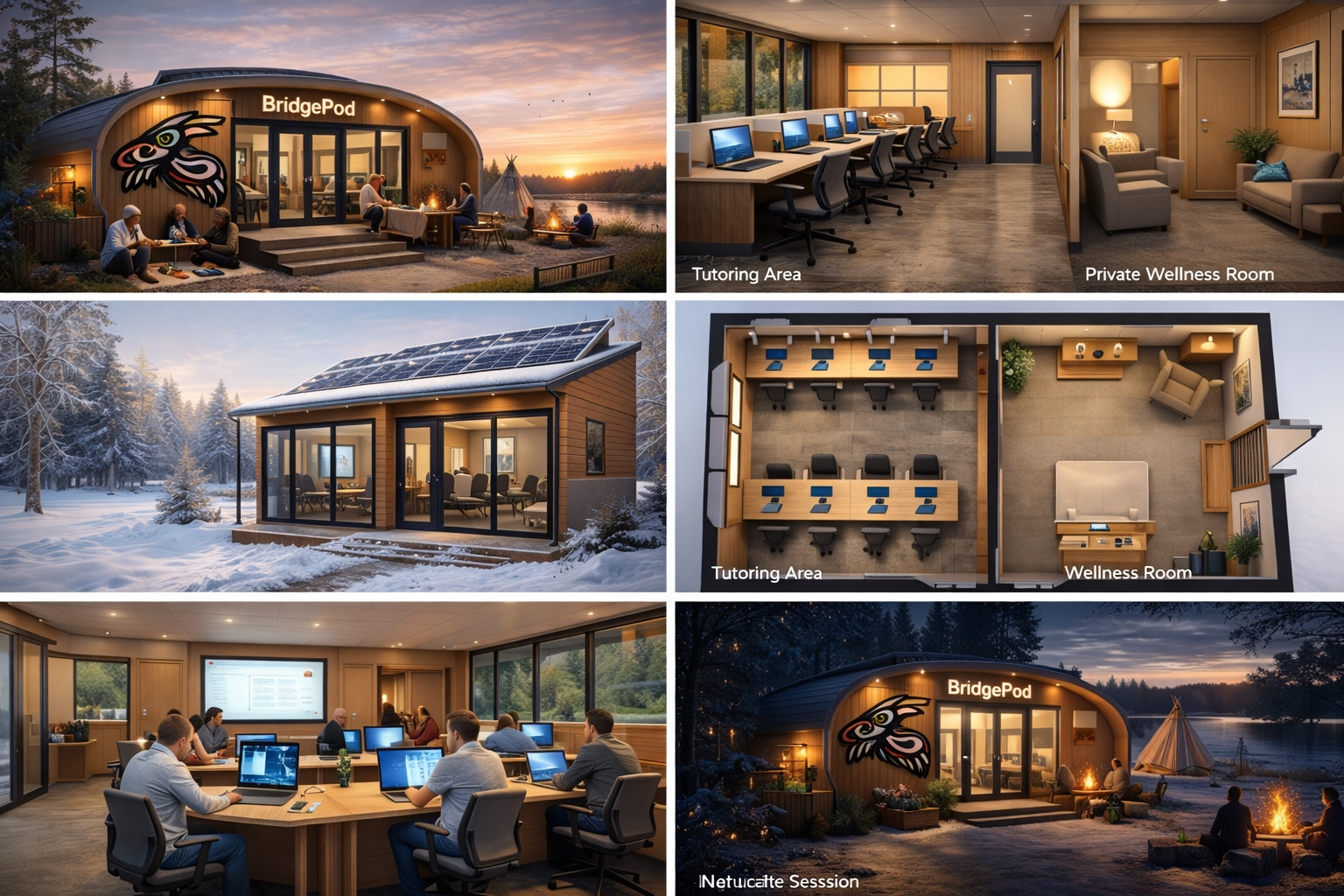 BridgePod interior showing tutoring area, wellness room, and community space